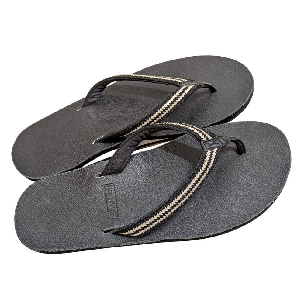 Hari Mari Fields Puebla Flip Flops Womens 8 Black Leather Hemp Sandals Geometric